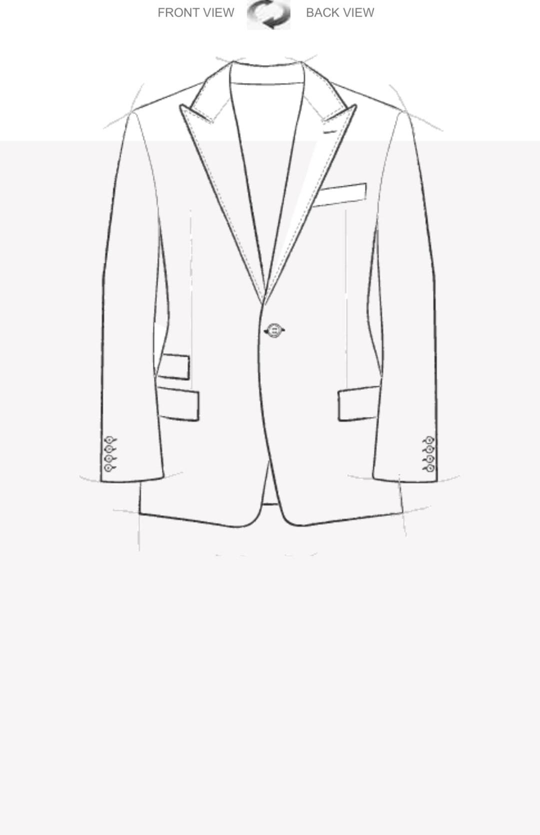 A front-view jacket illustration showing lapels, pockets and proportions